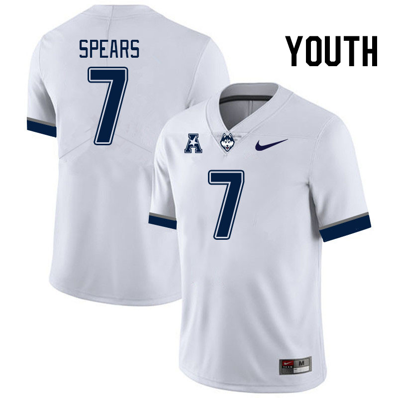Youth #7 Zakhari Spears Connecticut Huskies College Football Jerseys Stitched Sale-White - Click Image to Close